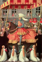 Ludwig XII. (1462-1515) betritt Genua unter einem Baldachin, gefolgt von vier Kardinälen, aus den 